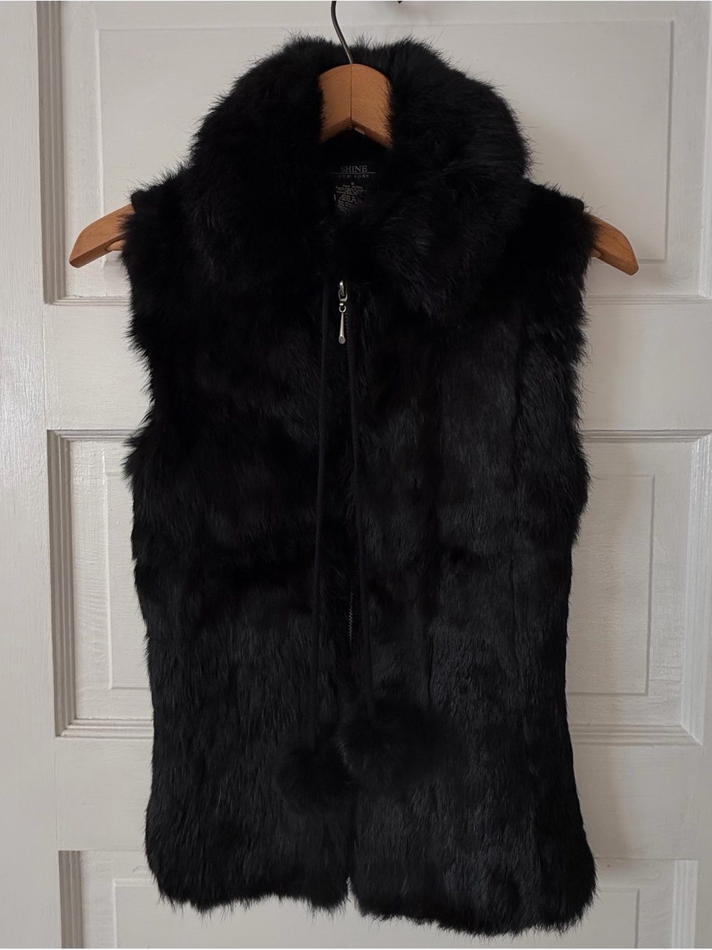 SHINE New York Black Genuine Rabbit Fur Knit Combo Vest Size S Pom Poms